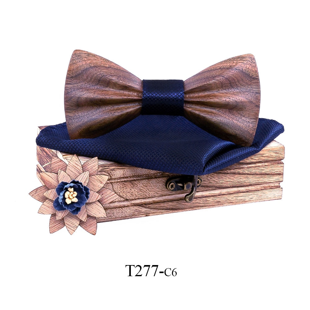 Carved Wooden Bowtie with Lapel Pin