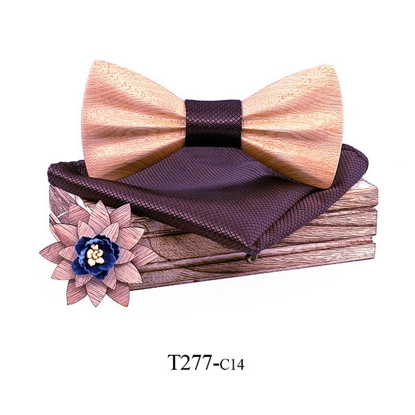 Carved Wooden Bowtie with Lapel Pin