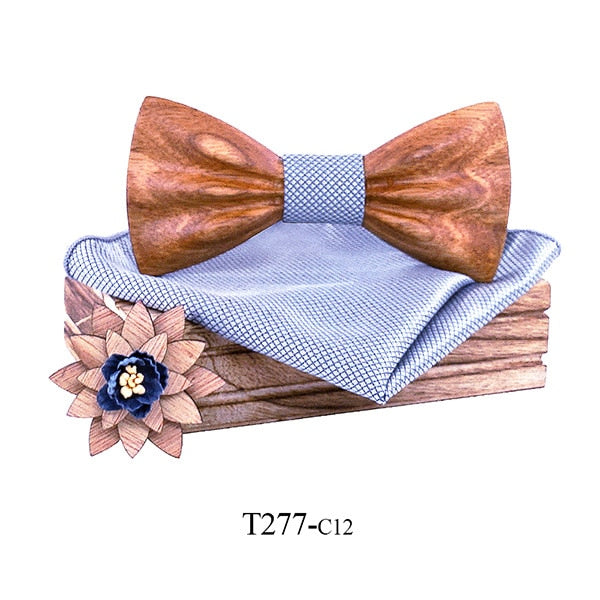 Carved Wooden Bowtie with Lapel Pin