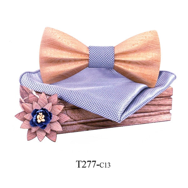 Carved Wooden Bowtie with Lapel Pin