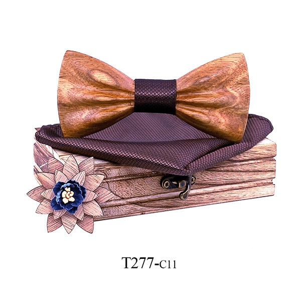 Carved Wooden Bowtie with Lapel Pin