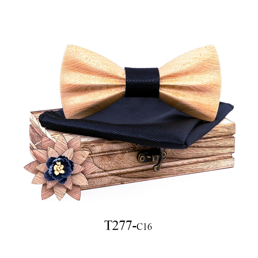 Carved Wooden Bowtie with Lapel Pin