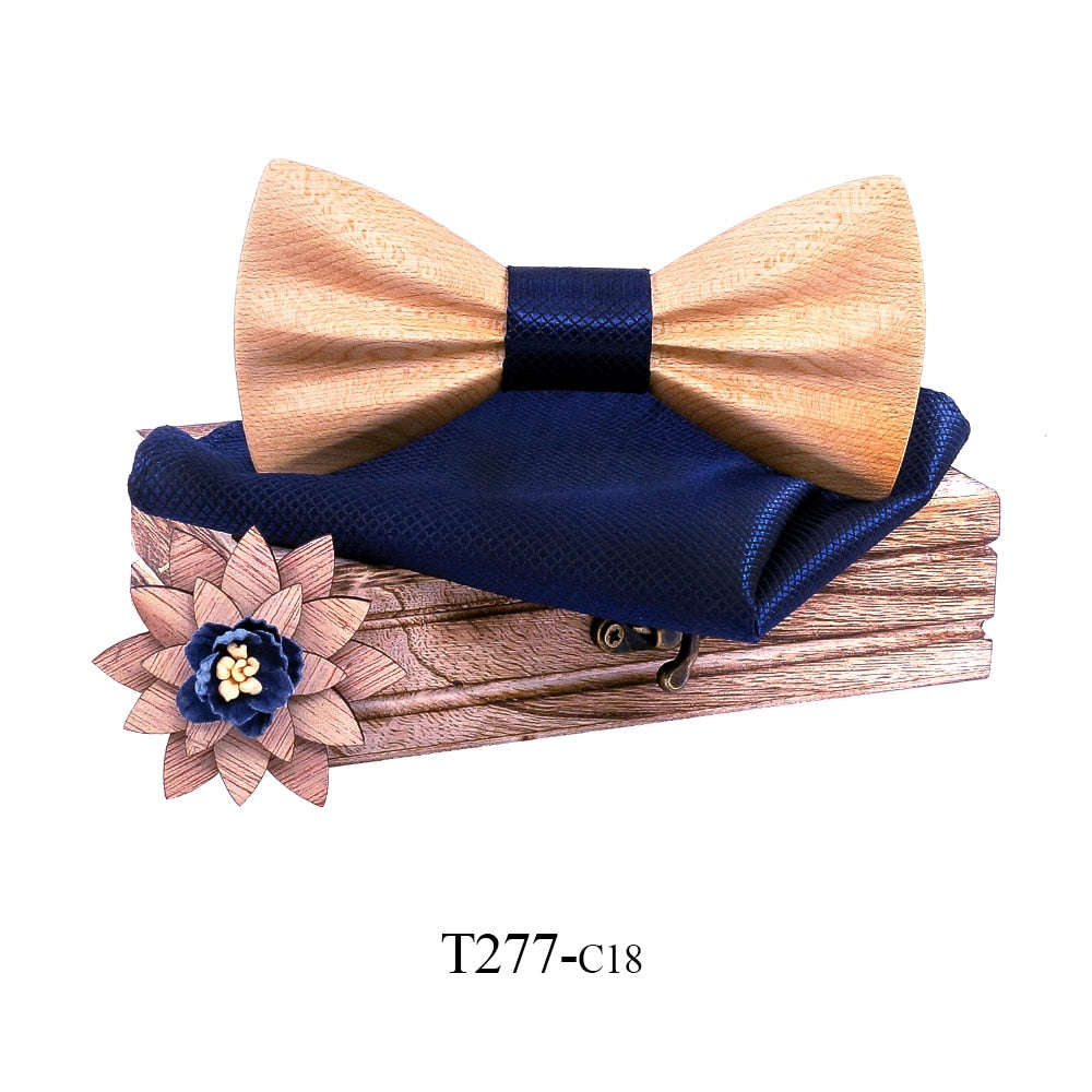 Carved Wooden Bowtie with Lapel Pin