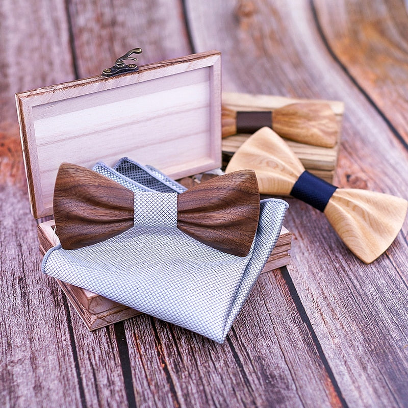 Carved Wooden Bowtie with Lapel Pin