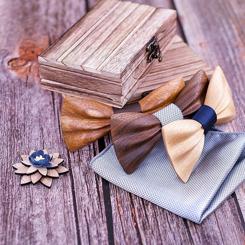 Carved Wooden Bowtie with Lapel Pin