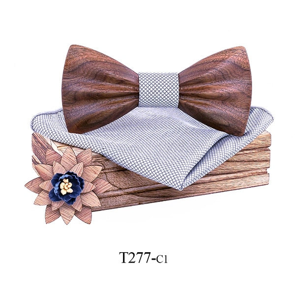 Carved Wooden Bowtie with Lapel Pin