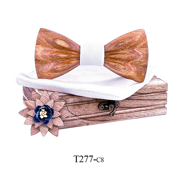 Carved Wooden Bowtie with Lapel Pin