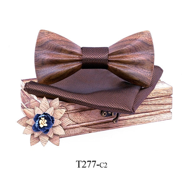 Carved Wooden Bowtie with Lapel Pin