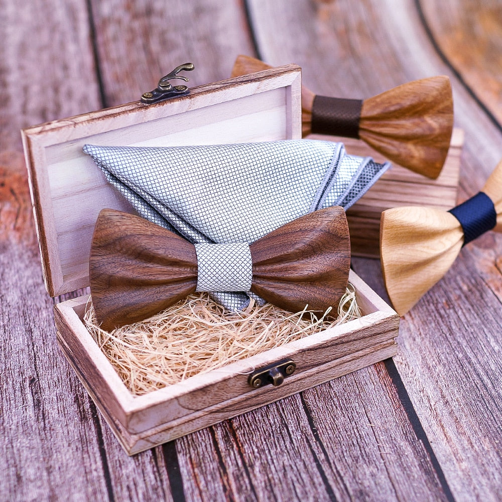 Carved Wooden Bowtie with Lapel Pin