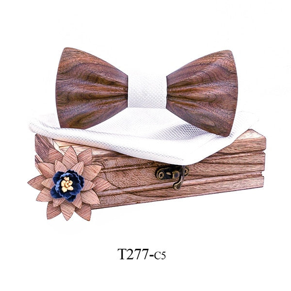 Carved Wooden Bowtie with Lapel Pin