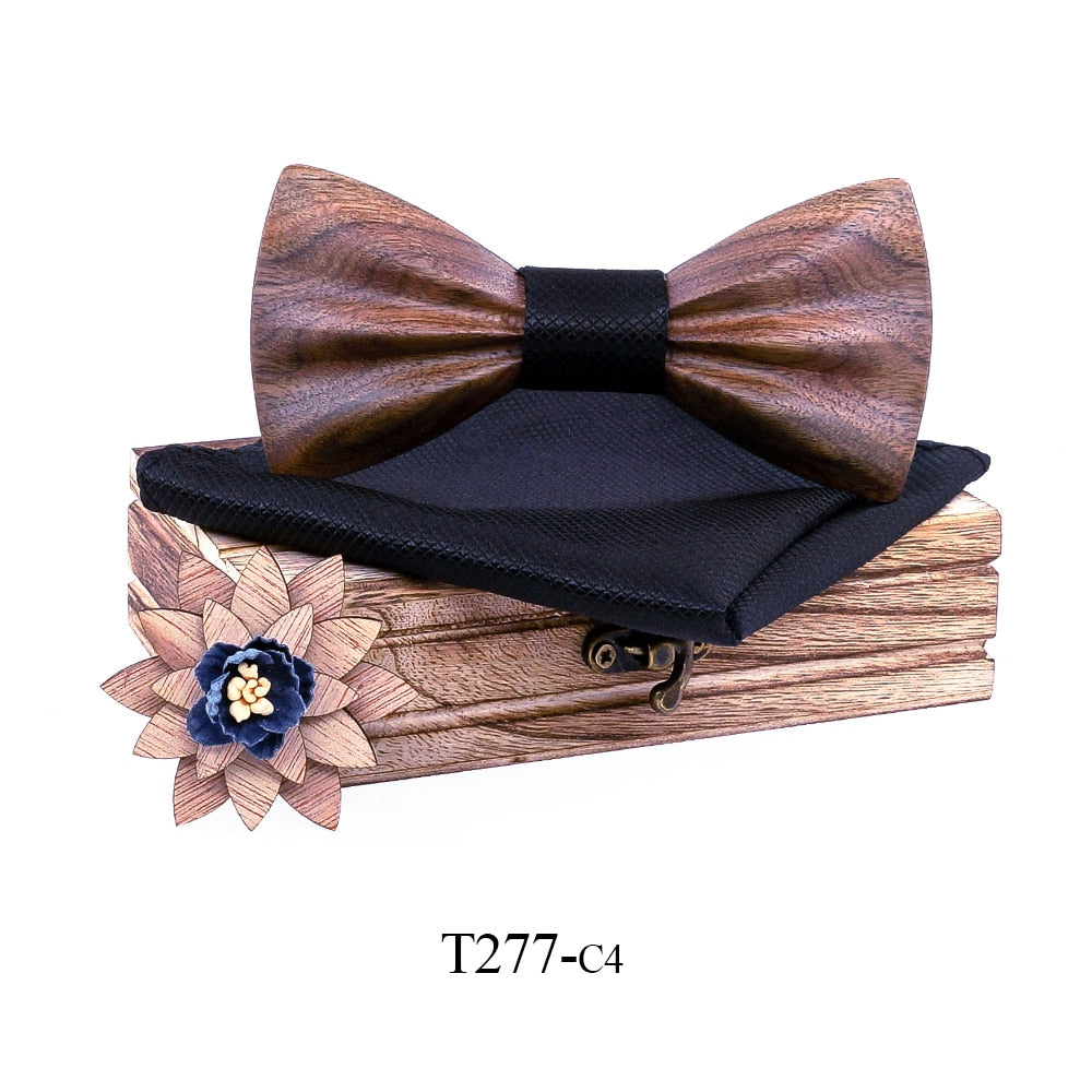 Carved Wooden Bowtie with Lapel Pin