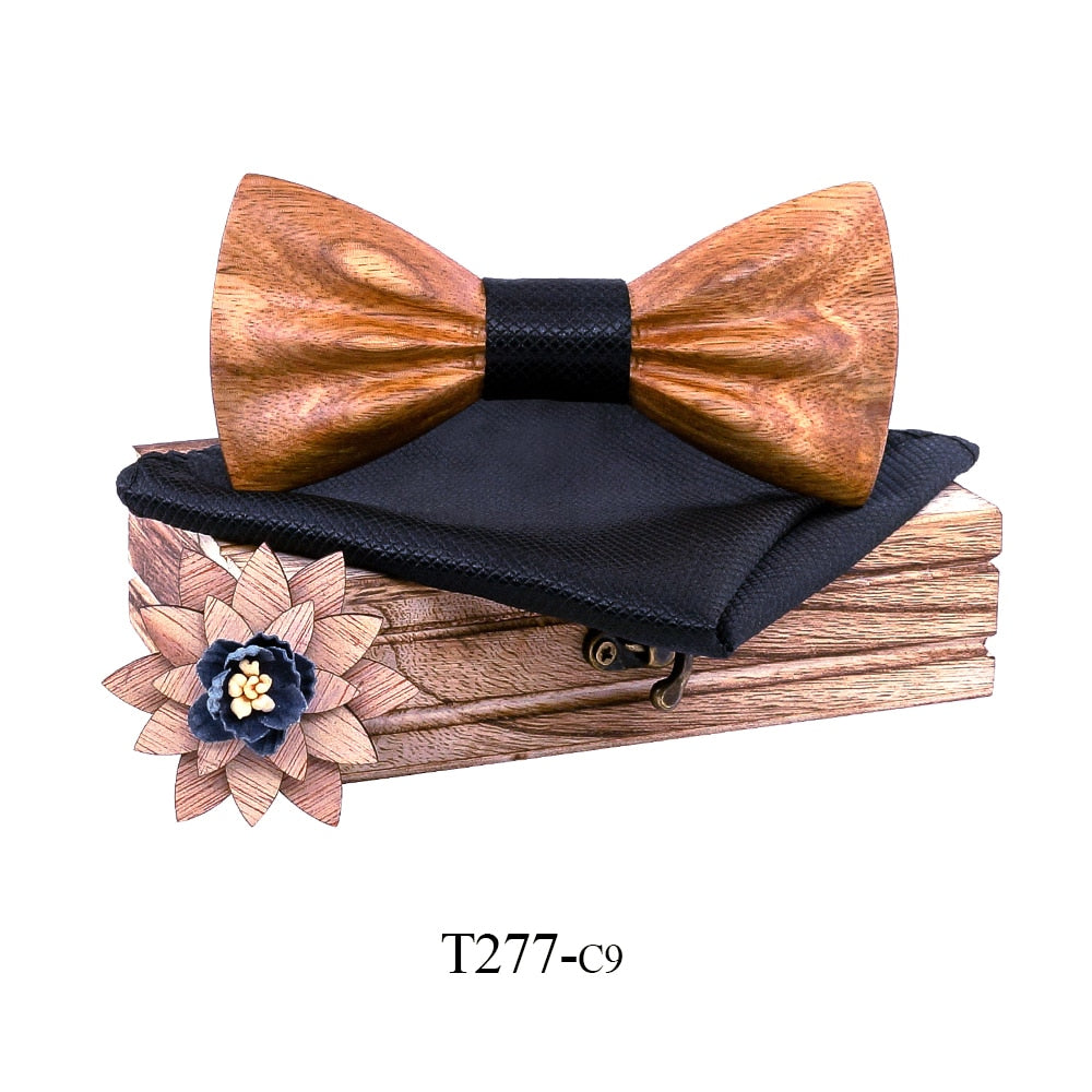 Carved Wooden Bowtie with Lapel Pin